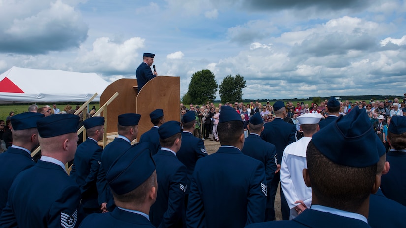U.S. Air Force Col. Patrick Winstead, the 437th Airlift Wing vice wing commander, delivers a speech at the Royal Air Force Ramsbury Airfield Remembrance ceremony, June 9, 2019, at Ramsbury Airfield, U.K. Service members from Joint Base Charleston, S.C., gathered with veterans, the RAF, and the public for the final ceremony. The final stage of this Airfield Remembrance Project coincides with the 75th anniversary of D-Day. The ceremonial event was held to honor the sacrifices and strengthen the bond between the U.S. and U.K.