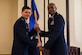 Col. Rockie Wilson, left, commander of the 628th Mission Support Group, passes the 628th Force Support Squadron guideon to Maj. Troy Lane, right, incoming commander of the 628th FSS, during a change of command ceremony at the Charleston Club June 21, 2019, Joint Base Charleston, S.C. The 628th FSS is responsible for deploying services and personnel support teams, quality of life, professional and personal readiness, manpower and personnel services, food operations, lodging, fitness and leisure activities. Lane was previously the operations officer for the 21st Force Support Squadron, Peterson Air Force Base, Colorado.