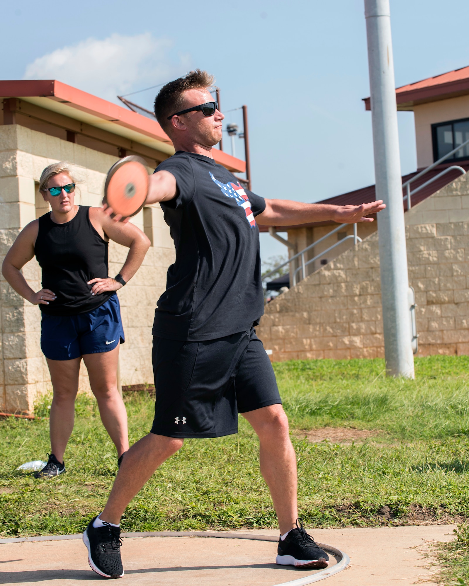 U.S. Army Staff Sgt. Russell Ruth, a wounded warrior athlete, practices a discus throw at MacDill Air Force Base, Fla., June 20, 2019.
