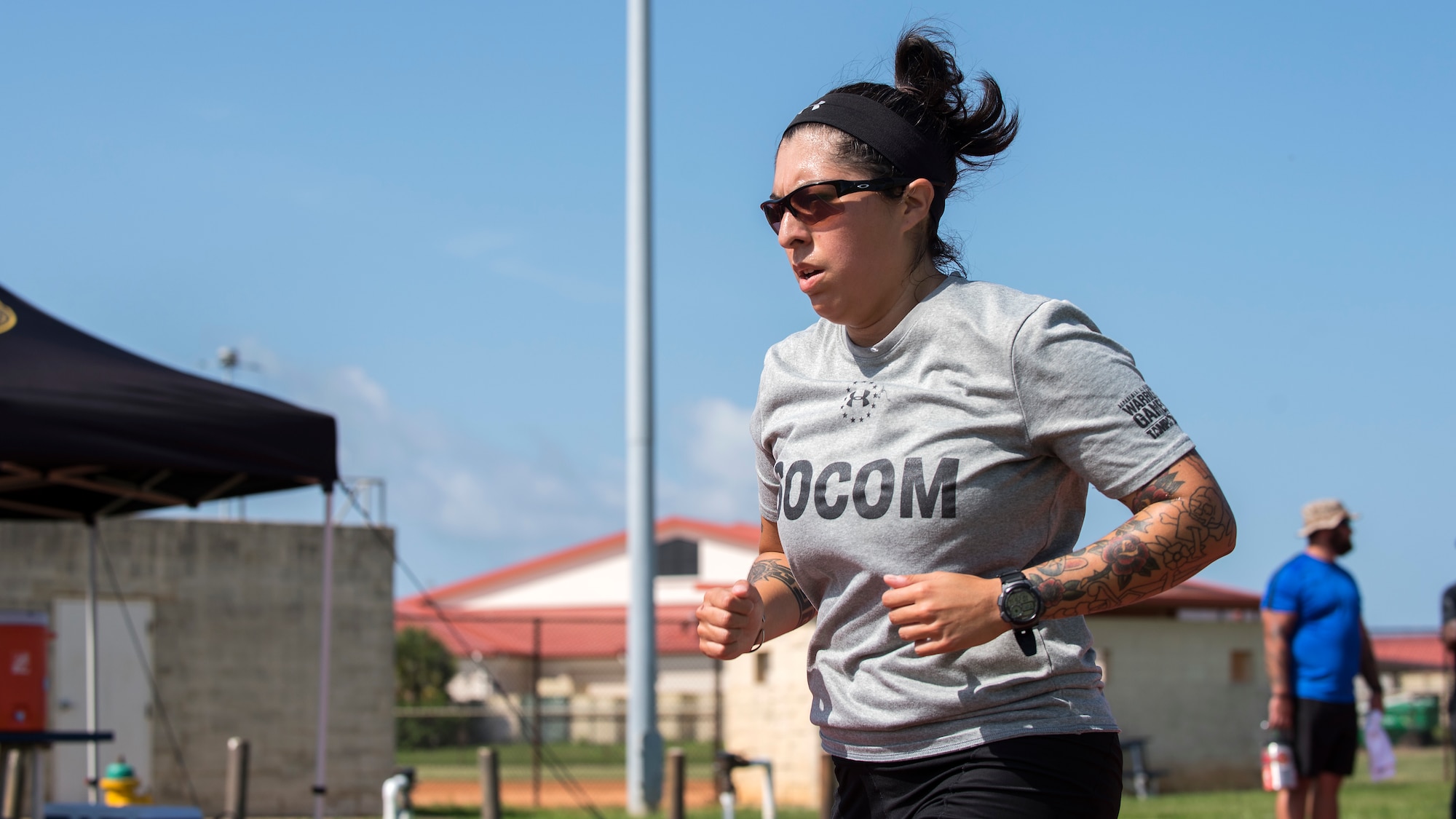 U.S. Army Staff Sgt. Lauren Montoya, a wounded warrior athlete, runs at MacDill Air Force Base, Fla., June 20, 2019.