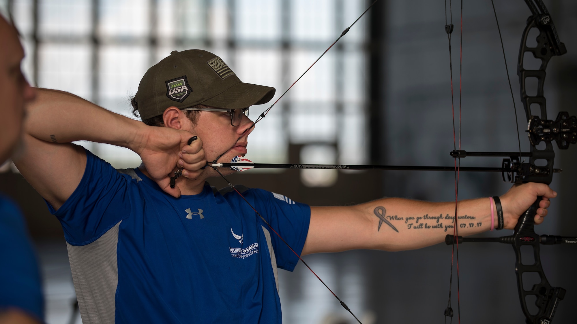 U.S. Air Force Senior Airman Joseph A. Pate, a wounded warrior athlete, practices archery at MacDill Air Force Base, Fla., June, 18, 2019.