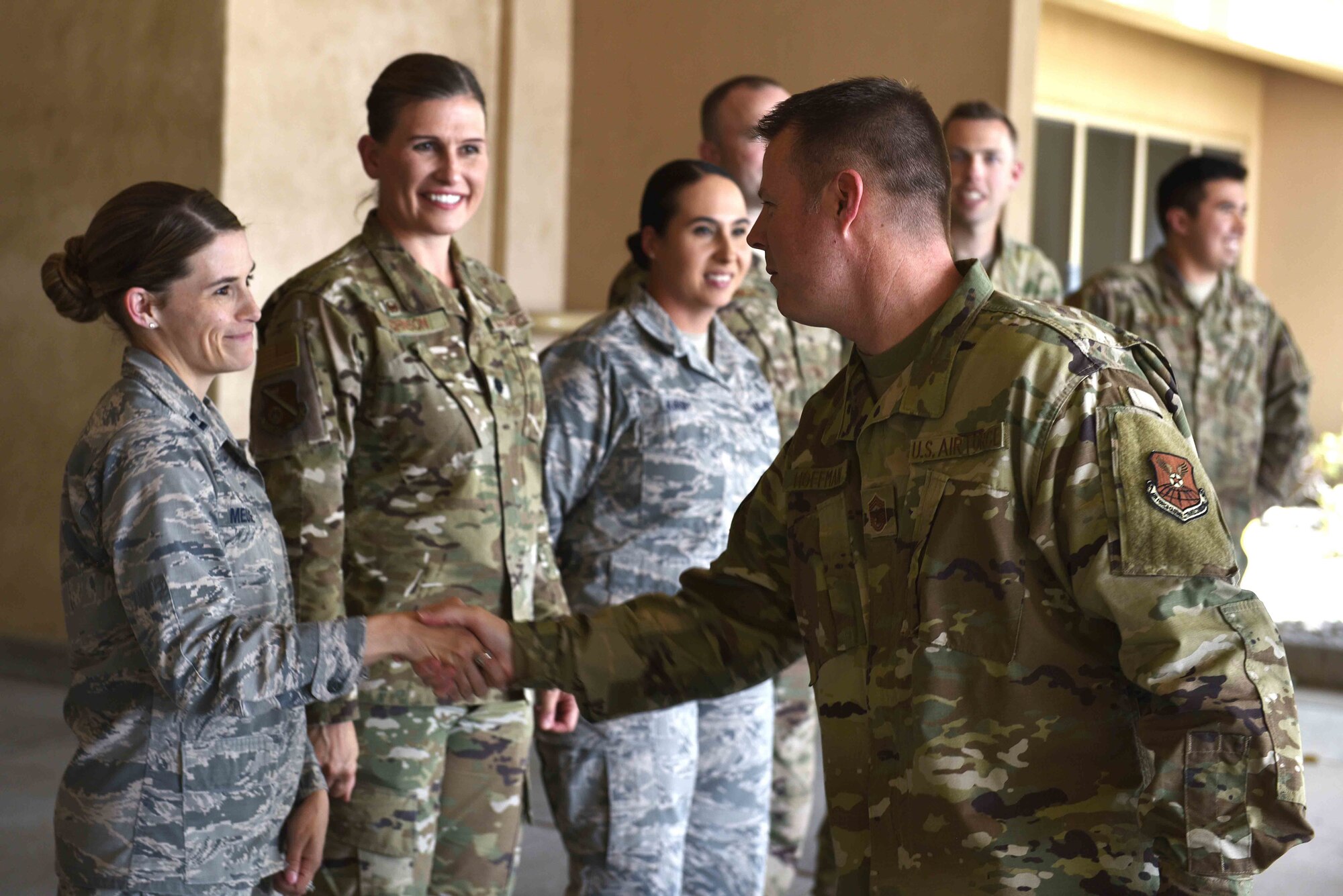 U.S. Air Force Chief Master Sgt. Charles Hoffman, Air Force Global Strike Command command chief, is welcomed by Capt. Malinda Meuse, flight commander, 377th Aerospace Medical Squadron war fighter clinic at Kirtland Air Force Base, N.M., June 13, 2019. Hoffman visited with Airmen across the 377th Air Base Wing to learn more about them and their mission. (U.S. Air Force photo by Airman 1st Class Austin J. Prisbrey)