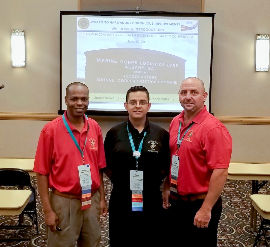 Safety specialists Stacey Williams, Juan Escovar, and TC Mullen from MCLB Albany Risk Management Office delivered a workshop session at the annual Region IV Voluntary
Protection Programs Participant's Association (VPPPA) conference in Chattanooga, TN, June 19. They shared safety program best practices with safety professionals in private
industry, specifically on techniques to engage employees in mishap prevention, MCLB Albany's command's VPP journey to Star worksite recognition and how to market a safety program. This marks the second straight year where MCLB Albany safety professionals led a workshop session at the Region IV VPPPA conference. (U.S. Marine Corps photo by Ashlyn Marchant)
