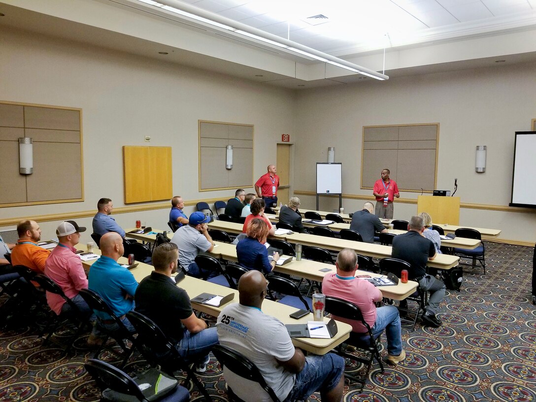 Safety specialists Stacey Williams, Juan Escovar, and TC Mullen from MCLB Albany Risk Management Office delivered a workshop session at the annual Region IV Voluntary
Protection Programs Participant's Association (VPPPA) conference in Chattanooga, TN, June 19. They shared safety program best practices with safety professionals in private
industry, specifically on techniques to engage employees in mishap prevention, MCLB Albany's command's VPP journey to Star worksite recognition and how to market a safety program. This marks the second straight year where MCLB Albany safety professionals led a workshop session at the Region IV VPPPA conference. (U.S. Marine Corps photo by Ashlyn Marchant)