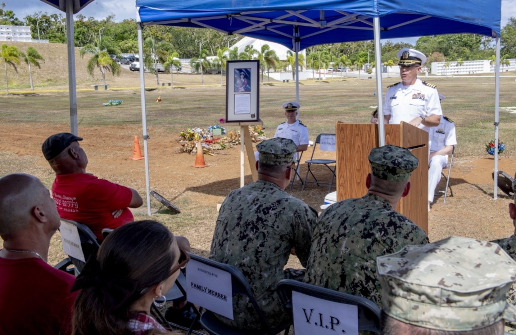 PITI, Guam (June 20, 2019) Capt. Dale Turner, commanding officer of Naval Facilities Engineering Command (NAVFAC) Marianas, speaks during the Seabee Betty Day memorial celebration. Seabee Betty died June 9, 2003 and was interred June 20, 2003. In 2004, the governor of Guam declared June 20 to be Seabee Betty Day to honor the more than 50 years of dedicated service to the Seabee community on Guam. (U.S. Navy photo by Mass Communication Specialist 2nd Class Kelsey L. Adams)