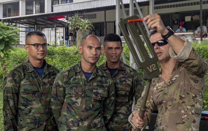 Explosive ordnance disposal technicians assigned to U.S. Navy Explosive Ordnance Disposal Mobile Unit (EODMU) 5 and the Royal Thai Navy Diver and Explosive Ordnance Disposal Center conduct an equipment demonstration during a knowledge exchange as part of Cooperation Afloat Readiness and Training (CARAT) Thailand 2019. This year marks the 25th iteration of CARAT, a multinational exercise series designed to enhance U.S. and partner navies' abilities to operate together in response to traditional and non-traditional maritime security challenges in the Indo-Pacific region.