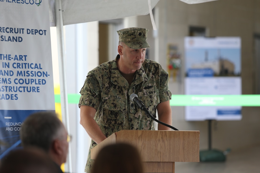Public Works Officer Navy Cmdr. Andy Litteral speaks during a ceremony dedicated to the official opening of the depot’s new power plant on Marine Corps Recruit Depot Parris Island, S.C. June 20, 2019. This new power plant will allow Parris Island to produce energy for its facilities independently. (U.S. Marine Corps photo by Lance Cpl. Ryan Hageali)