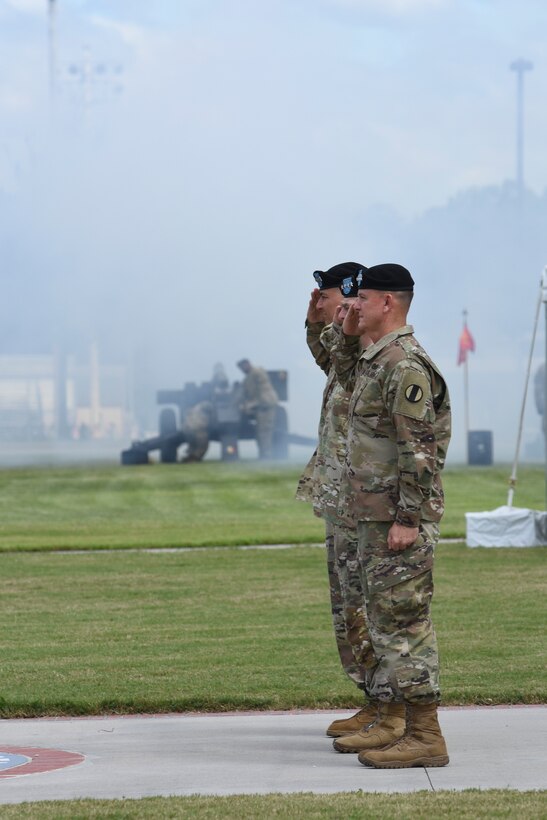 Gen. Paul E. Funk II (front), Chief of Staff of the Army Gen. Mark A. Milley (center), and Gen. Stephen J. Townsend, former commanding general of U.S. Army Training and Doctrine Command, salute for honors to the host during a change of command ceremony at TRADOC headquarters, Fort Eustis, Va., on June 21, 2019. Townsend relinquished command to Funk during the ceremony, hosted by Milley. As TRADOC commander, Funk is responsible for 32 Army schools organized under eight Centers of Excellence that recruit, train and educate of more than 500,000 Soldiers and service members annually.
