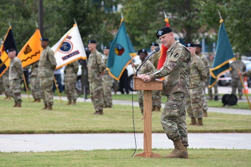 Gen. Paul A. Funk II, commanding general, U.S. Army Training and Doctrine Command, presents his remarks upon assuming command of TRADOC from Gen. Stephen J. Townsend during a ceremony at Fort Eustis, Va., on June 21, 2019. As TRADOC commander, Funk is responsible for 32 Army schools organized under eight Centers of Excellence that recruit, train and educate of more than 500,000 Soldiers and service members annually. The ceremony was hosted by Chief of Staff of the Army Gen. Mark A. Milley.