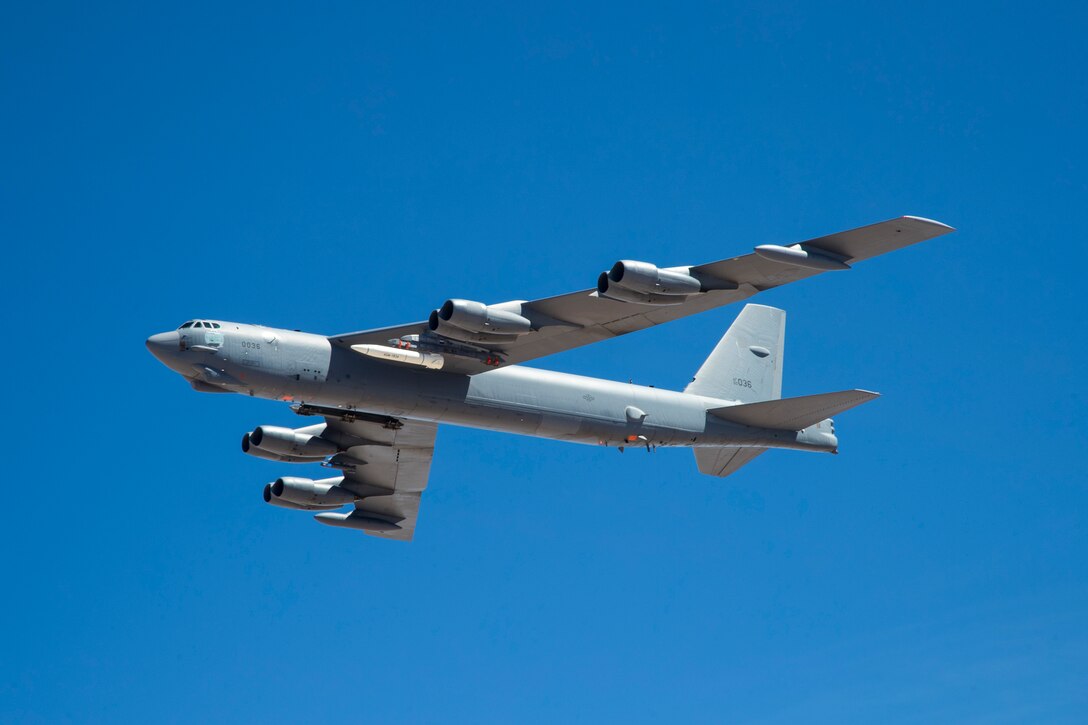 A B-52 from the 419th Flight Test Squadron out of Edwards Air Force Base, Calif., carries a prototype of the AGM-183A Air-Launched Rapid Response Weapon, or ARRW, for its first captive carry flight, June 12. (U.S. Air Force photo by Christopher Okula)