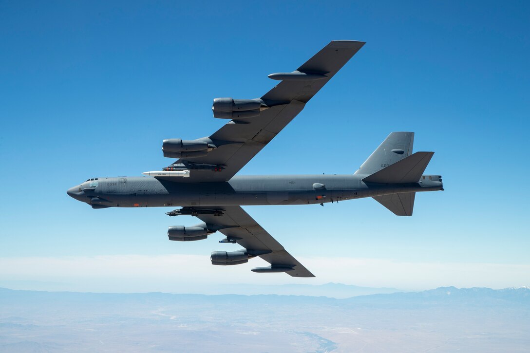A B-52 from the 419th Flight Test Squadron out of Edwards Air Force Base, Calif., carries a prototype of the AGM-183A Air-Launched Rapid Response Weapon, or ARRW, for its first captive carry flight, June 12. (U.S. Air Force photo by Christopher Okula)