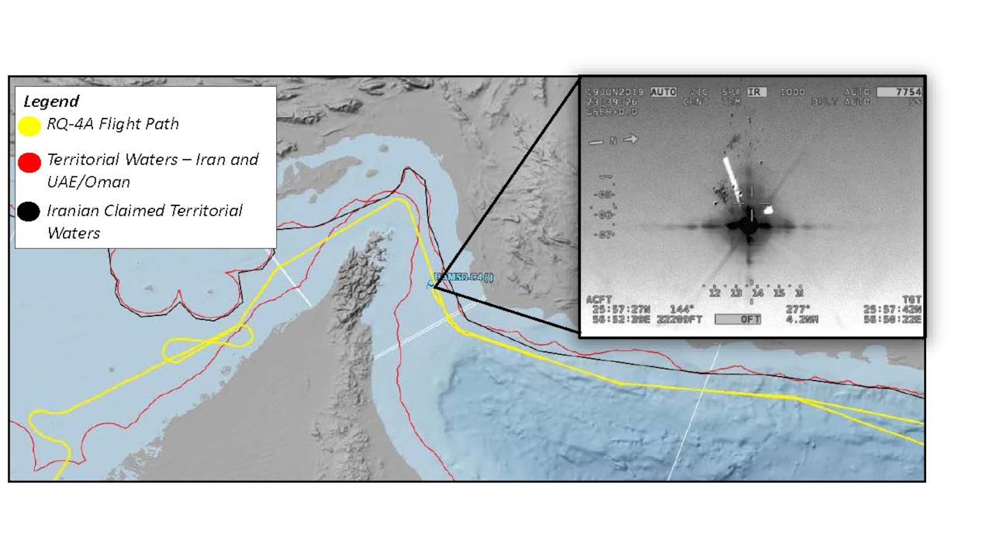 "A U.S. Navy RQ-4 was flying over the Gulf of Oman and the Strait of Hormuz on a surveillance mission in international airspace in the vicinity of recent IRGC maritime attacks when it was shot down by an IRGC surface to air missile fired from a location in the vicinity of Goruk, Iran. 

This was an unprovoked attack on a U.S. surveillance asset that had not violated Iranian airspace at any time during its mission. 

This attack is an attempt to disrupt our ability to monitor the area following recent threats to international shipping and free flow of commerce.

Iranian reports that this aircraft was shot down over Iran are categorically false. 

The aircraft was over the Strait of Hormuz and fell into international waters. 

At the time of the intercept, the RQ-4 was operating at high-altitude approximately 34 kilometers from the nearest point of land on the Iranian coast.

This dangerous and escalatory attack was irresponsible and occurred in the vicinity of established air corridors between Dubai, UAE, and Muscat Oman, possibly endangering innocent civilians."

- Attributable to Lt. Gen. Joseph Guastella, Commander, U.S. Air Forces Central Command