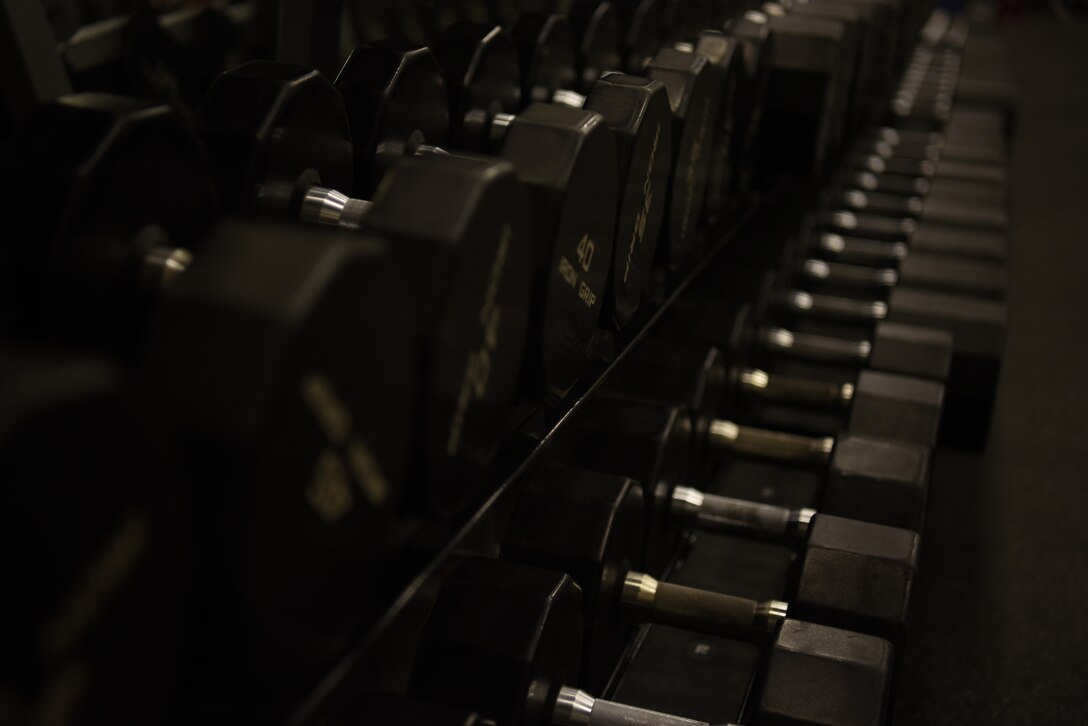 Dumbbells line the wall of the 380th Expeditionary Force Support Squadron Fitness Center June 13, 2019, at Al Dhafra Air Base, United Arab Emirates.