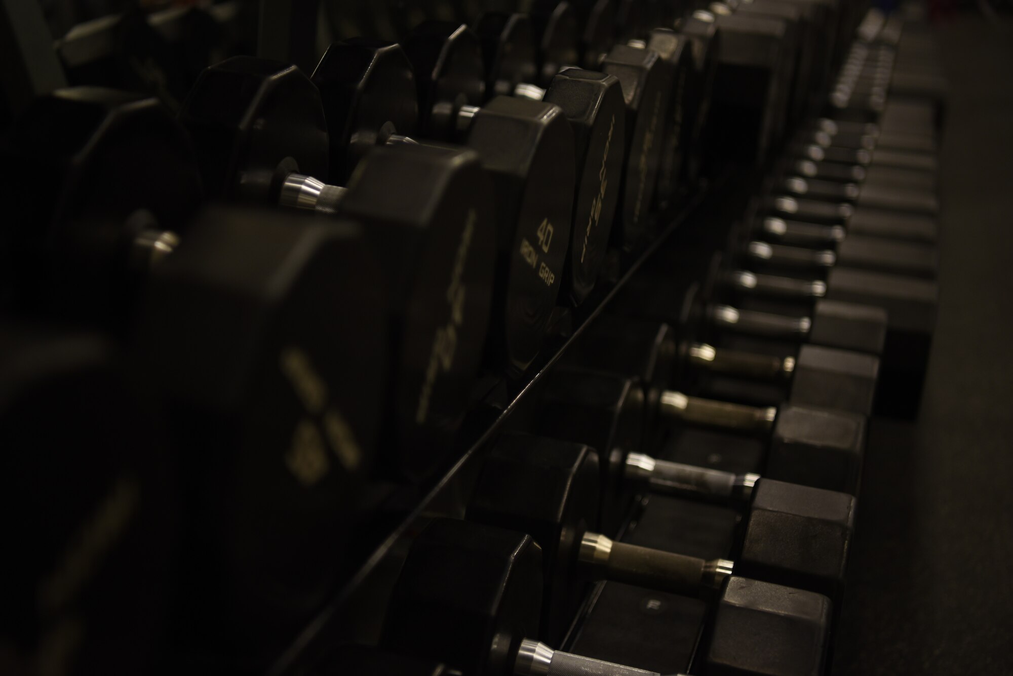 Dumbbells line the wall of the 380th Expeditionary Force Support Squadron Fitness Center June 13, 2019, at Al Dhafra Air Base, United Arab Emirates.