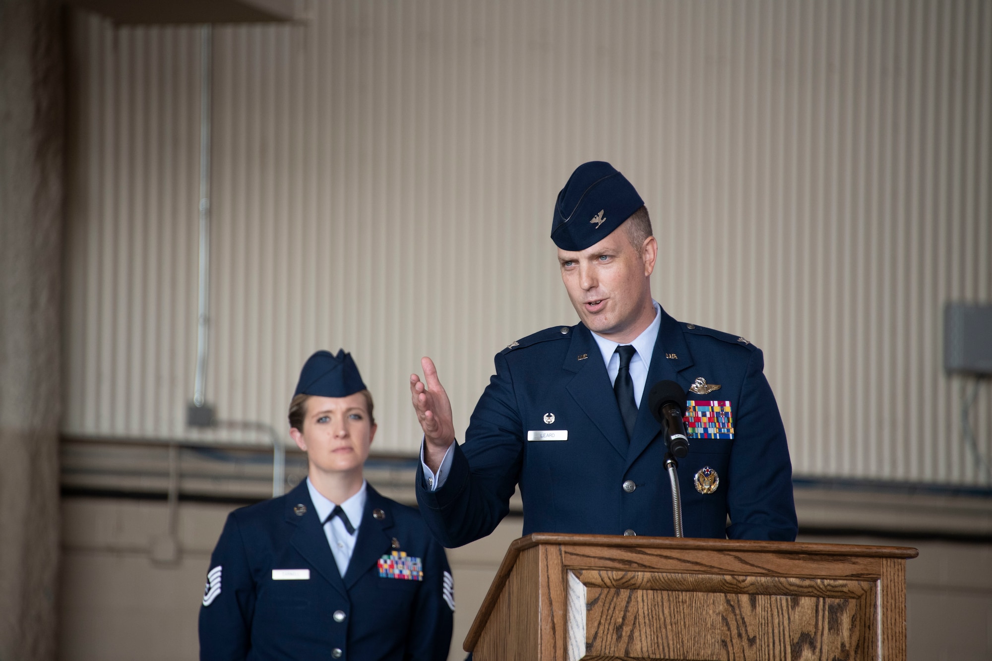 U.S. Air Force Col. Matthew Leard, 97th Air Mobility Wing commander, addresses Airmen of the 97th AMW for the first time as their commander during a change-of-command ceremony, June 21, 2019, at Altus Air Force Base, Okla. The 97th AMW is responsible for the formal training of all KC-135 Stratotanker, C-17 Globemaster III and KC-46 Pegasus aircrew for active duty, Air National Guard and Air Force Reserve units as well as multiple partner air forces from across the world. (U.S. Air Force photo by Airman 1st Class Breanna Klemm)