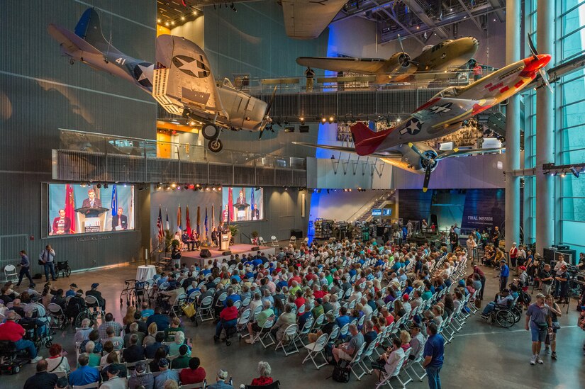 Guests assemble in the Boeing Freedom Pavilion at the National WWII Museum in New Orleans, La. for the 75th D-Day Anniversary June 6, 2019.