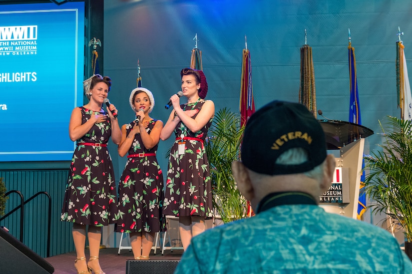 Members of the “Victory Belles” singing group perform during the 75th D-Day Anniversary Ceremony at the National WWII Museum in New Orleans, La on June 6, 2019.