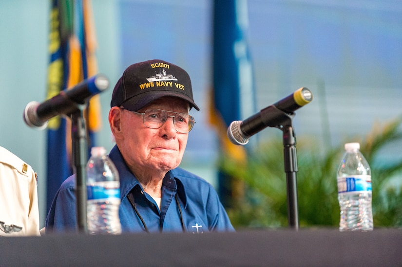 U.S. Navy Gunner’s Mate Third Class Talley Fletcher becomes emotional while recalling the Normandy invasion during the D-Day Veterans Panel at the National WWII Museum in New Orleans, La. on June 6, 2019