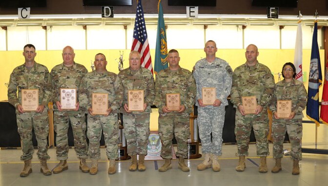 Members of the Army Reserve Marksmanship Program took first place among the reserve components and second place overall at the 2019 Interservice Pistol Championships. From left, Sgt. Nick Mower (200th MP Command, 2nd place in the .22 aggregate, 7th overall individual), Sgt. 1st Class Brenn Combs (108th Training Command), Maj. Thomas Bourne (80th TASS), Sgt. Maj. George Greene (58th Trans BN), Master Sgt. Kris Beerman (85th Training Command), Staff Sgt. John Rosene (HRC-IRR, 4th place .22 aggregate, 5th overall individual), Sgt. Chris Liming (85th Training Command), and Staff Sgt. Sandra Uptagrafft (108th Training Command).