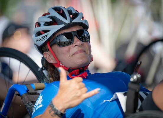 Photo of Kristina Coble, Team Air Force, smiles during the cycling time trials during the 2019 DoD Warrior Games in Tampa, Florida.