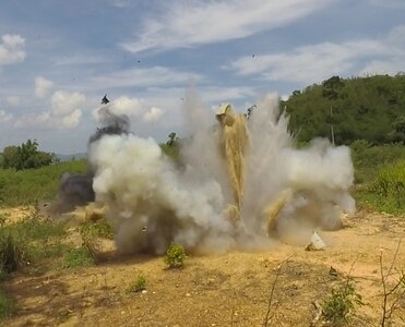 An improvised demolition charge is detonated by Sailors assigned to U.S. Navy Explosive Ordnance Disposal Mobile Unit (EODMU) 5 and the Royal Thai Navy Diver and Explosive Ordnance Disposal Center during a controlled, live-fire demolition knowledge exchange as part of Cooperation Afloat Readiness and Training (CARAT) Thailand 2019.(U.S. Navy photo by Mass Communication Specialist 2nd Class Kelsey L. Adams)