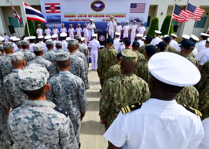 U.S. and Royal Thai Navy Sailors stand in formation together during the opening ceremony of Cooperation Afloat Readiness and Training (CARAT) Thailand 2019. (U.S. Navy photo by Mass Communication Specialist 1st Class Greg Johnson)
