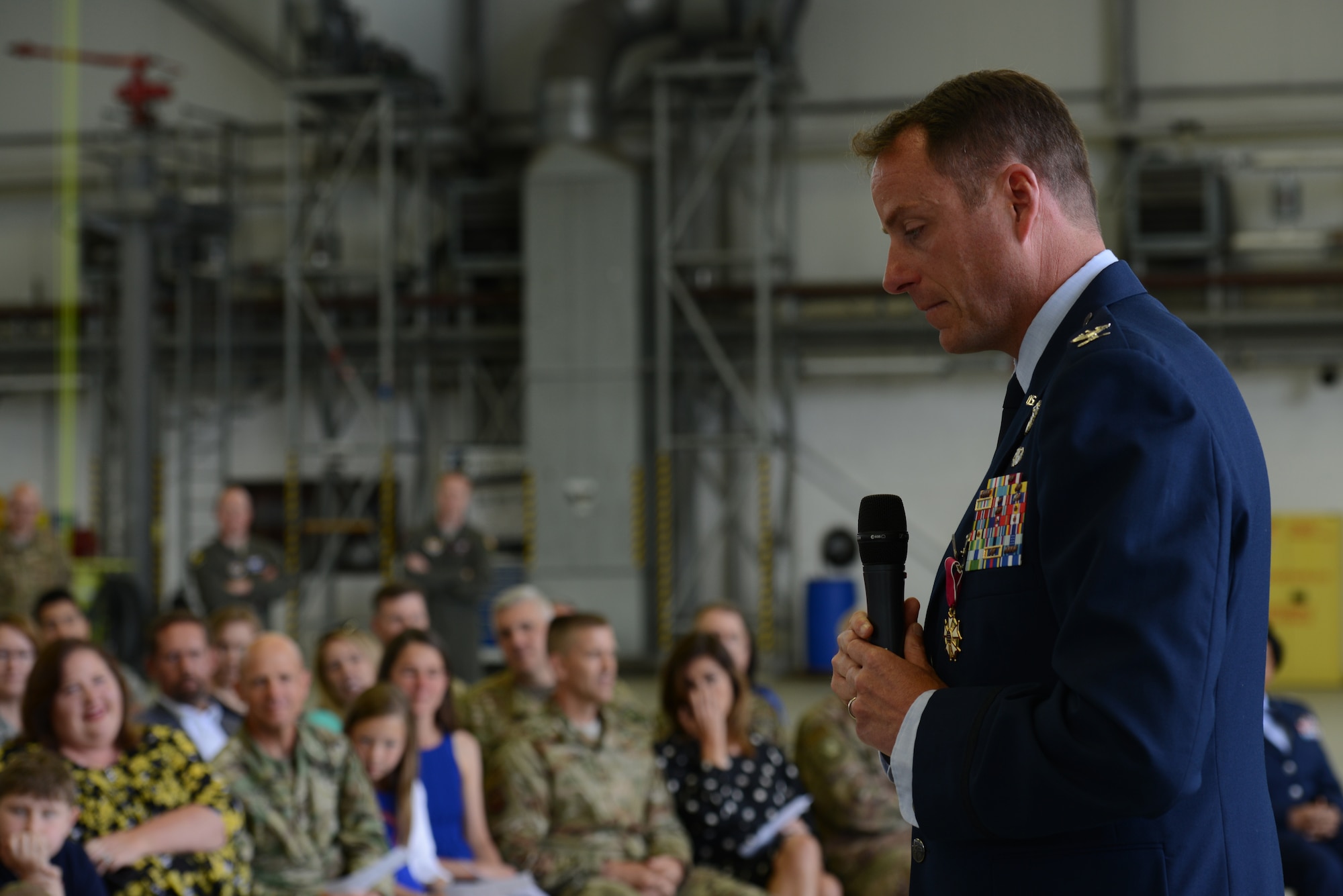 U.S. Air Force Col. Joseph Wenckus, former 86th Airlift Wing vice wing commander, gave a speech during his retirement ceremony on Ramstein Air Base, Germany, June 11, 2019. Wenckus served as the vice wing commander for two years. (U.S. Air Force photo by Airman 1st Class Jennifer J. Gonzales)