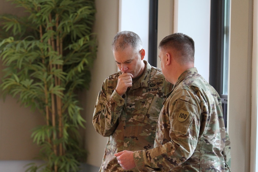 Brig. Gen. Aaron Walter, commander of the 100th Training Division-Leader Development, visits the officers attending the Command and General Staff College Phase Two 4x4 Course at Fort Belvoir, Virginia, June 10, 2019. The 4x4 course is a pilot program that allows Army officers to complete the second of three phases in person during four weekends instead of the previous option of eight weekend classes or through distance learning.