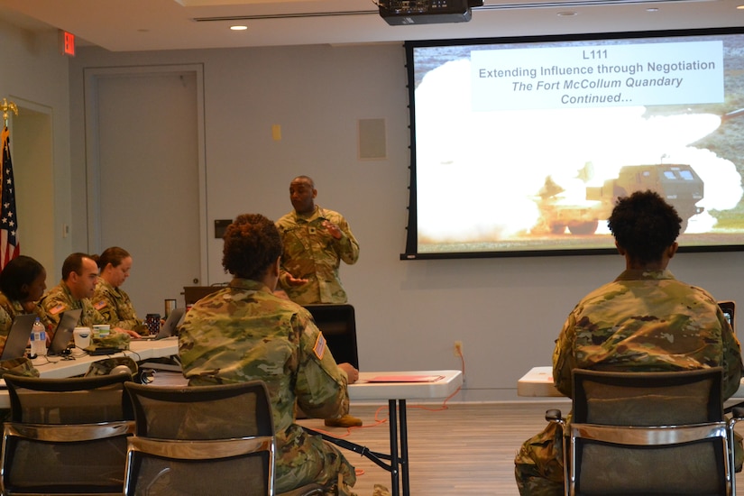 Brig. Gen. Aaron Walter, commander of the 100th Training Division-Leader Development, visits the officers attending the Command and General Staff College Phase Two 4x4 Course at Fort Belvoir, Virginia, June 10, 2019. The 4x4 course is a pilot program that allows Army officers to complete the second of three phases in person during four weekends instead of the previous option of eight weekend classes or through distance learning.