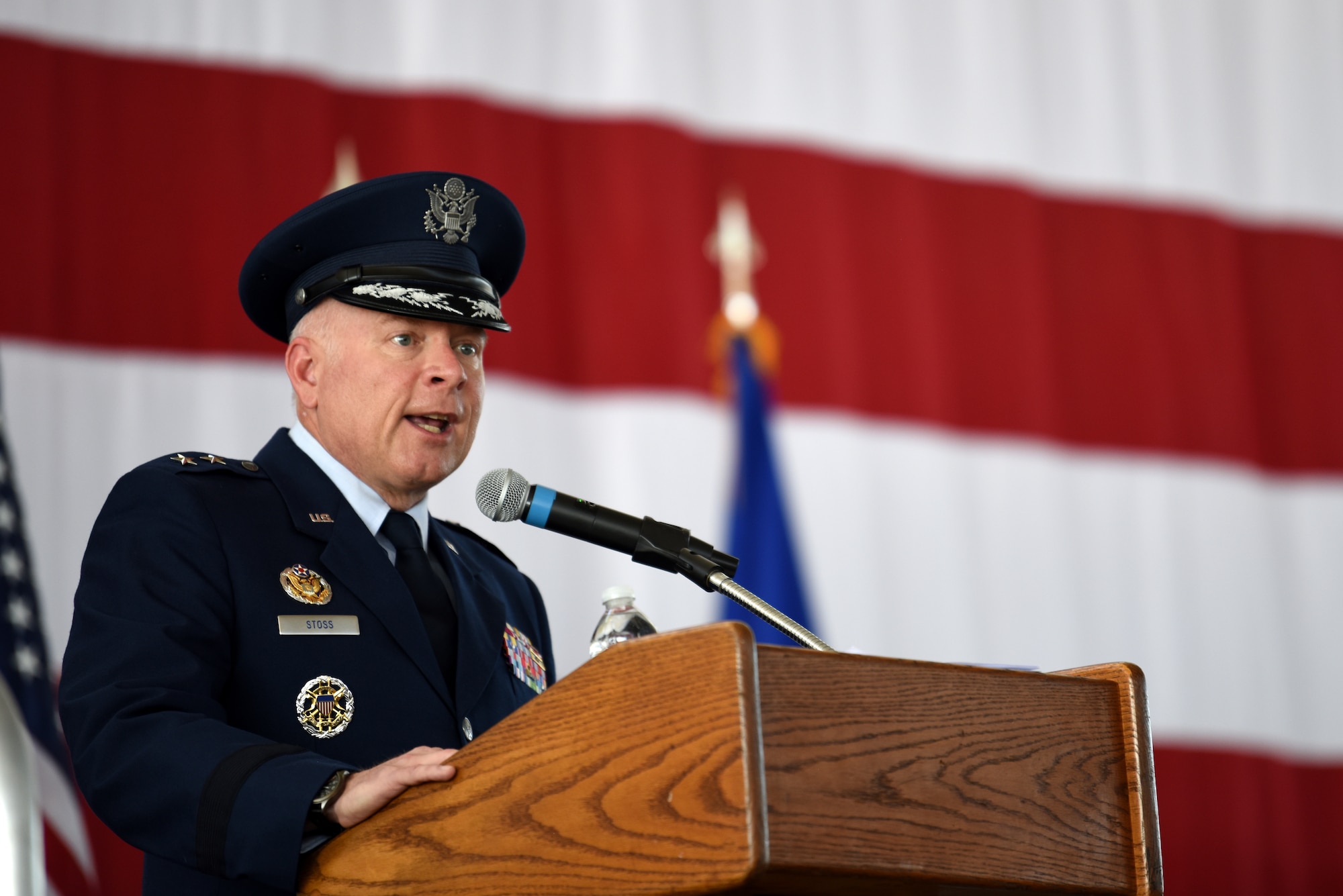 Maj. Gen. Ferdinand B. Stoss III, 20th Air Force commander, provides opening remarks during the 377th Air Base Wing Change of Command Ceremony at Kirtland Air Force Base, N.M., June 21, 2019. During the ceremony, command of the 377th ABW was transferred from Col. Richard Gibbs to Col. David Miller. (U.S Air Force photo by Senior Airman Eli Chevalier)