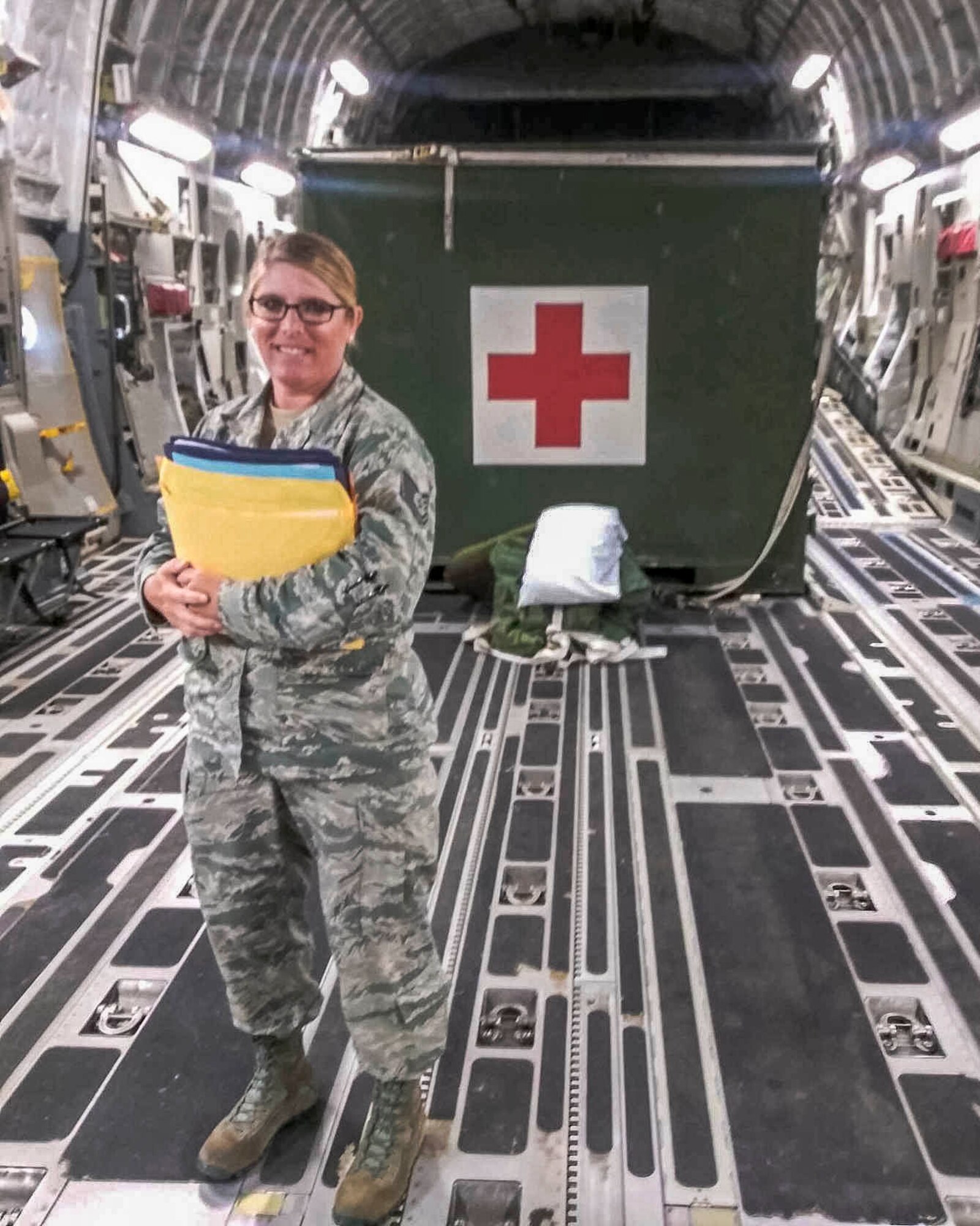 Tech. Sgt. Bridget Goodknight, 913th Aerospace Medicine Squadron Health Services Administration, participates in aeromedical evacuation training on June 13, 2019 at Tripler Army Medical Center, Honolulu. Members of the 913th AMDS participated in a variety of preparedness training including first response and transporting patients to aircraft, preparing for current and future real world missions and requirements. (Courtesy photo)