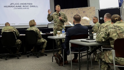 Lt. Gen. Jeffrey S. Buchanan, U.S. Army North commanding general, hosts personnel from federal, state, U.S. Territories and military agencies at the 2019 ARNORTH Hurricane Rehearsal of Concept Drill at Joint Base San Antonio-Fort Sam Houston June 12. The ROC Drill helped synchronize active duty military support efforts with federal, state, territorial and local partners to ensure seamless support in a hurricane response event.