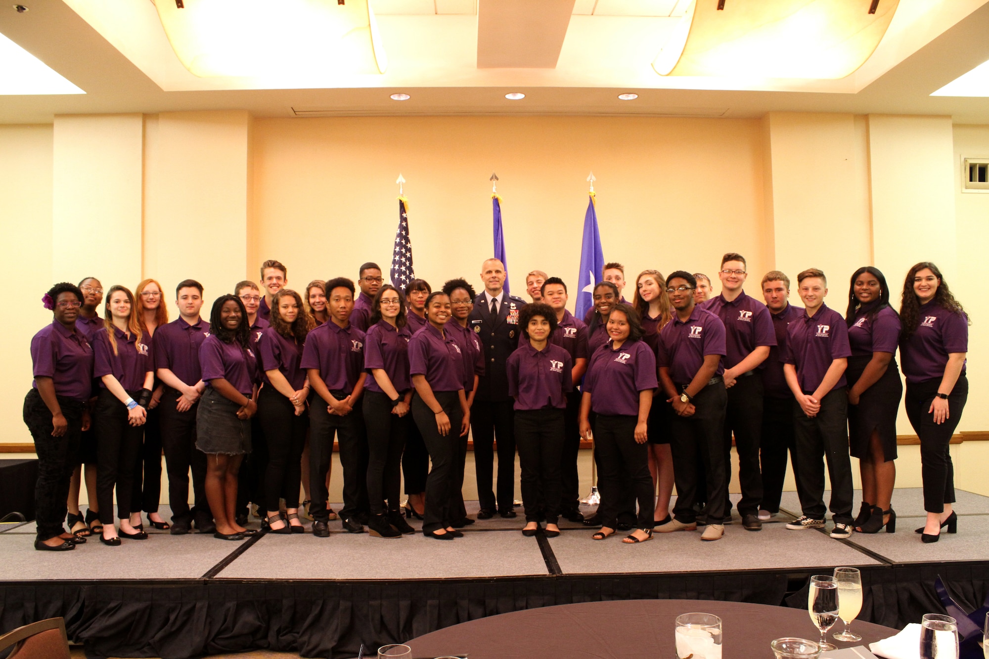 At center, Maj. Gen. Brad Spacy, Air Force Installation and Mission Support Center commander, poses for a photo with installation and, in some cases, state military youth of the year winners during an awards ceremony at the conclusion of the 2019 Military Youth of the Year Summit in San Antonio, June 17-21. (U.S. Air Force photo by Debbie Aragon)