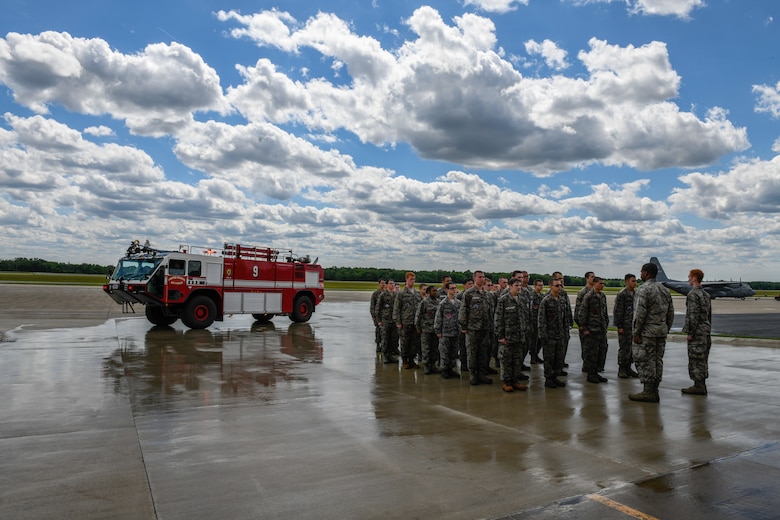 Air Force Junior Reserve Officer Training Corps cadets wait outside the 910th Airlift Wing fire station at Youngstown Air Reserve Station for further instruction from their instructors on June 14, 2019.
