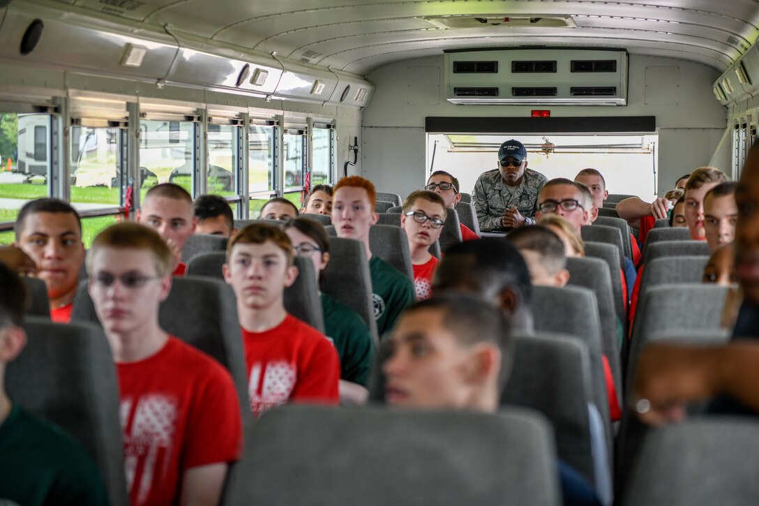 Air Force Junior Reserve Officer Training Corps cadets await instruction from 910th Airlift Wing Junior ROTC staff upon arrival at the installation on June 12, 2019.