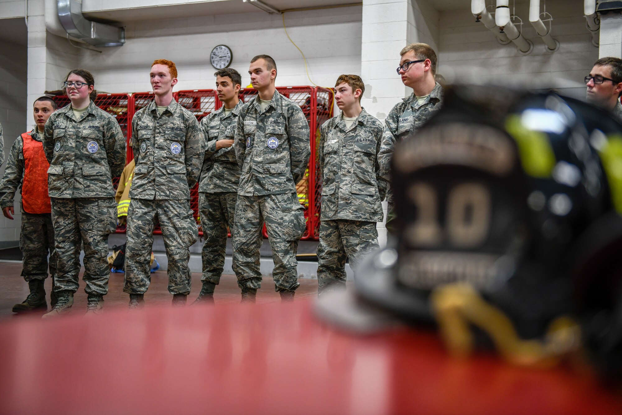 While attending the 910th Airlift Wing's 2019 Junior Reserve Officer Training Corps leadership camp, cadets visit the fire station at Youngstown Air Reserve Station to learn about firefighting capabilities and the importance of fire safety on June 14, 2019.