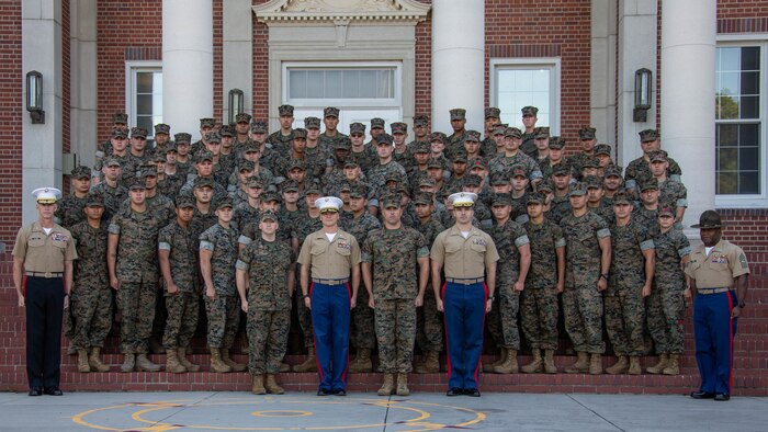 U.S. Marines with 2nd Transportation Support Battalion (2nd TSB), Combat Logistics Regiment 2 (CLR 2), 2nd Marine Logistics Group (2nd MLG), pose for a group photo with Brig. Gen. James Gylnn, commanding general of Marine Corps Recruit Depot Parris Island, and Sgt. Major William Carter, sergeant major of Marine Corps Recruit Depot Parris Island, at Marine Corps Recruit Depot (MCRD) Parris Island, S.C., June 14, 2019. U.S. Marines with 2nd TSB participated in a professional military education trip to MCRD Parris Island to reinforce core values and gain a different perspective on recruit training. (U.S. Marine Corps photo by Lance Cpl. Scott Jenkins)