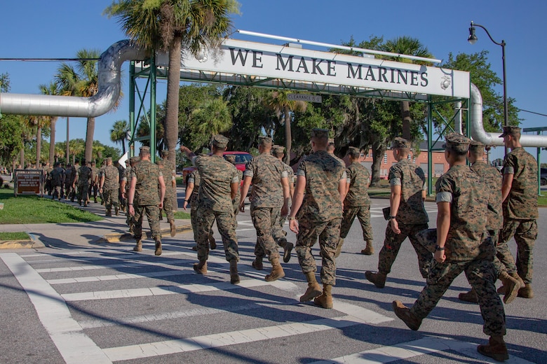 U.S. Marines with 2nd Transportation Support Battalion (2nd TSB), Combat Logistics Regiment 2 (CLR 2), 2nd Marine Logistics Group (2nd MLG), walk down the road at Marine Corps Recruit Depot (MCRD) Parris Island, S.C., June 14, 2019. U.S. Marines with 2nd TSB participated in a professional military education trip to MCRD Parris Island to reinforce core values and gain a different perspective on recruit training. (U.S. Marine Corps photo by Lance Cpl. Scott Jenkins)