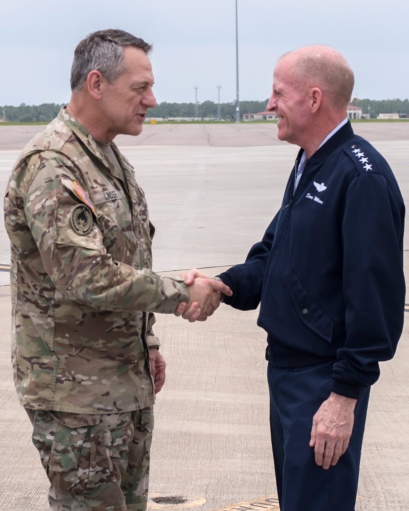 U.S. Army Maj. Gen. James B. Linder, United States Special Operations Command Chief of Staff, greets U.S. Air Force Gen. Stephen W. Wilson, Vice Chief of Staff of the U.S. Air Force, at MacDill Air Force Base, Fla., June 22, 2019.