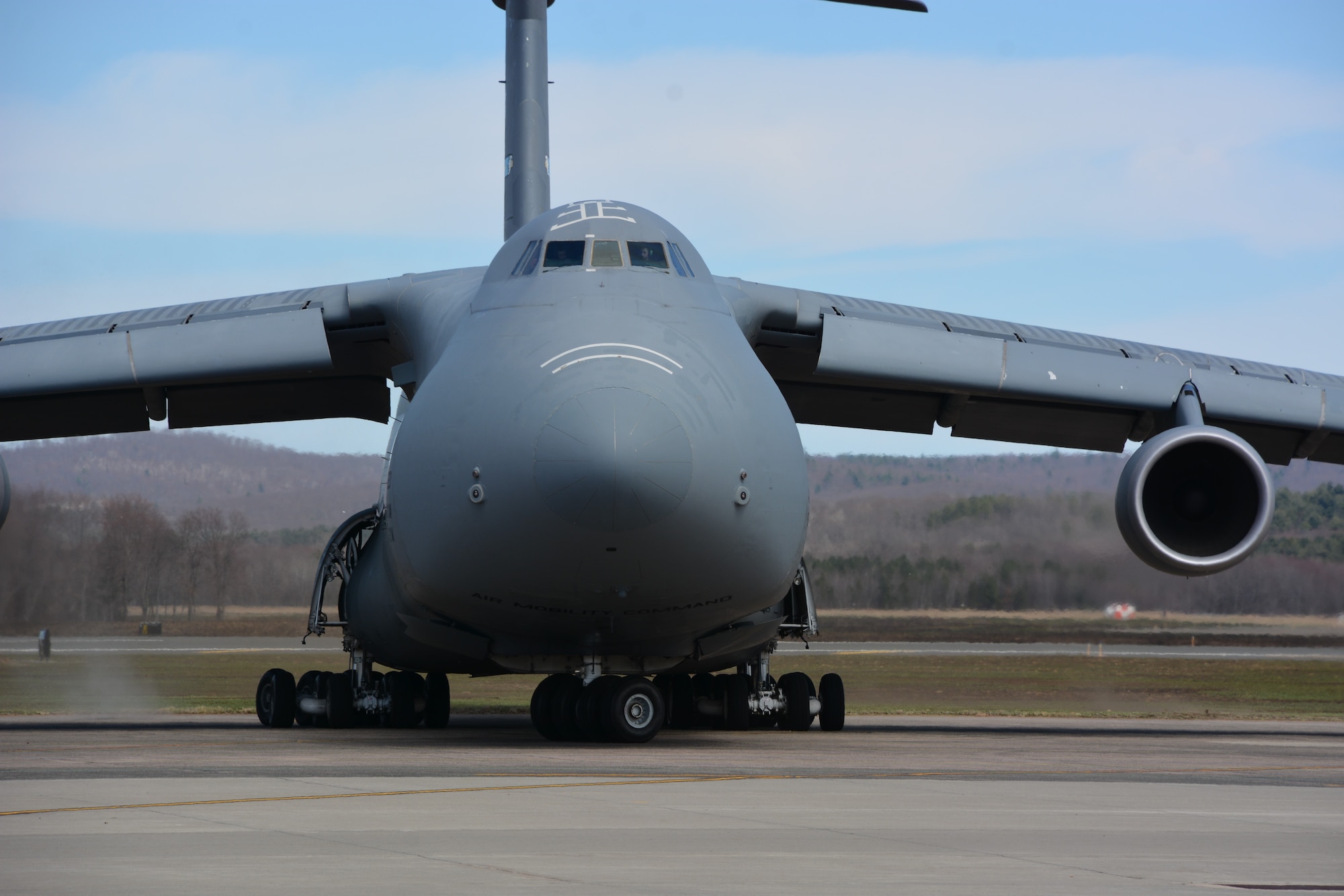C-5M aircraft from the 436th Airlift Wing, Dover Air Force Base, DE executes a 180-degree turn during the AMCTES C-5 Heavyweight Minimim Radius 180-Degree Tactics Development and Evaluation conducted by AMCTES April 8-12, 2019 at Westover Air Reserve Base in Chicopee, MA.
