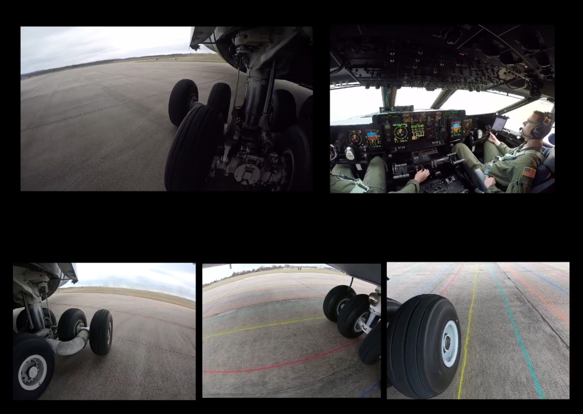 Screen footage from five camera angles show wheel turning radiuses during the C-5 Heavyweight Minimum Radius 180-Degree Turn Tactics Development and Evaluation conducted by AMCTES April 8-12, 2019 at Westover Air Reserve Base in Chicopee, MA.