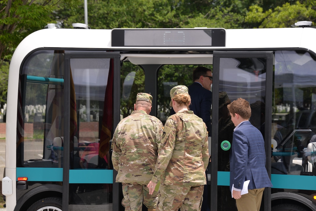 Guests board Olli, an autonomous vehicle, for shuttle service on Joint Base Meyers-Henderson Hall (JBM-HH) June 19, 2019. Olli will provide service on JBM-HH for 90 days as part of a pilot project in autonomous vehicle technology for which The U.S. Army Corps of Engineers' (USACE) Engineer Research and Development Center is the research lead.