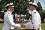 WASHINGTON - (June 21, 2019) Rear Adm. James P. Downey, right, relieved Rear Adm. Brian K. Antonio as program executive officer for Aircraft Carriers during a change of office and retirement ceremony at the Washington Navy Yard June 21.