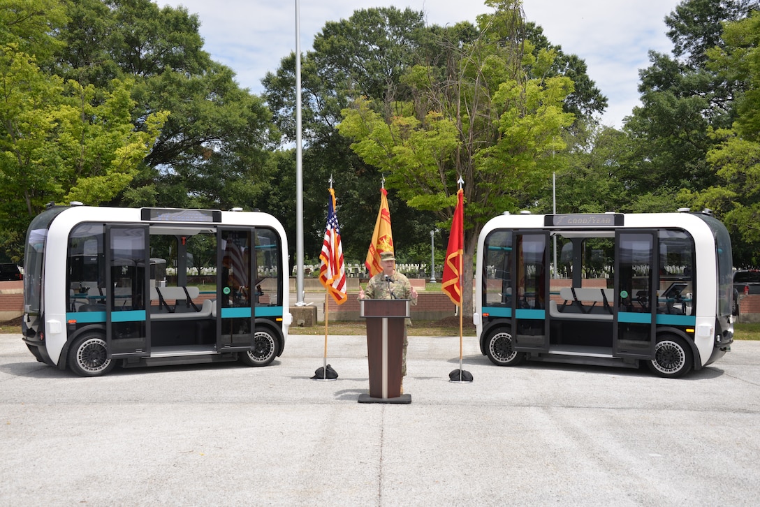 Maj. Gen. Anthony Funkhouser, U.S. Army Corps of Engineers (USACE) deputy commanding general for military and international operations,  gives the keynote address regarding USACE Engineer Research and Development Center's (ERDC) innovative research in autonomous vehicle technology June 19, 2019, at the launch event for a fleet of autonomous shuttles called Olli on Joint Base Meyers-Henderson Hall (JBM-HH). Olli will provide service on JBM-HH for 90 days as part of a pilot project in autonomous vehicle technology for which ERDC is the research lead.