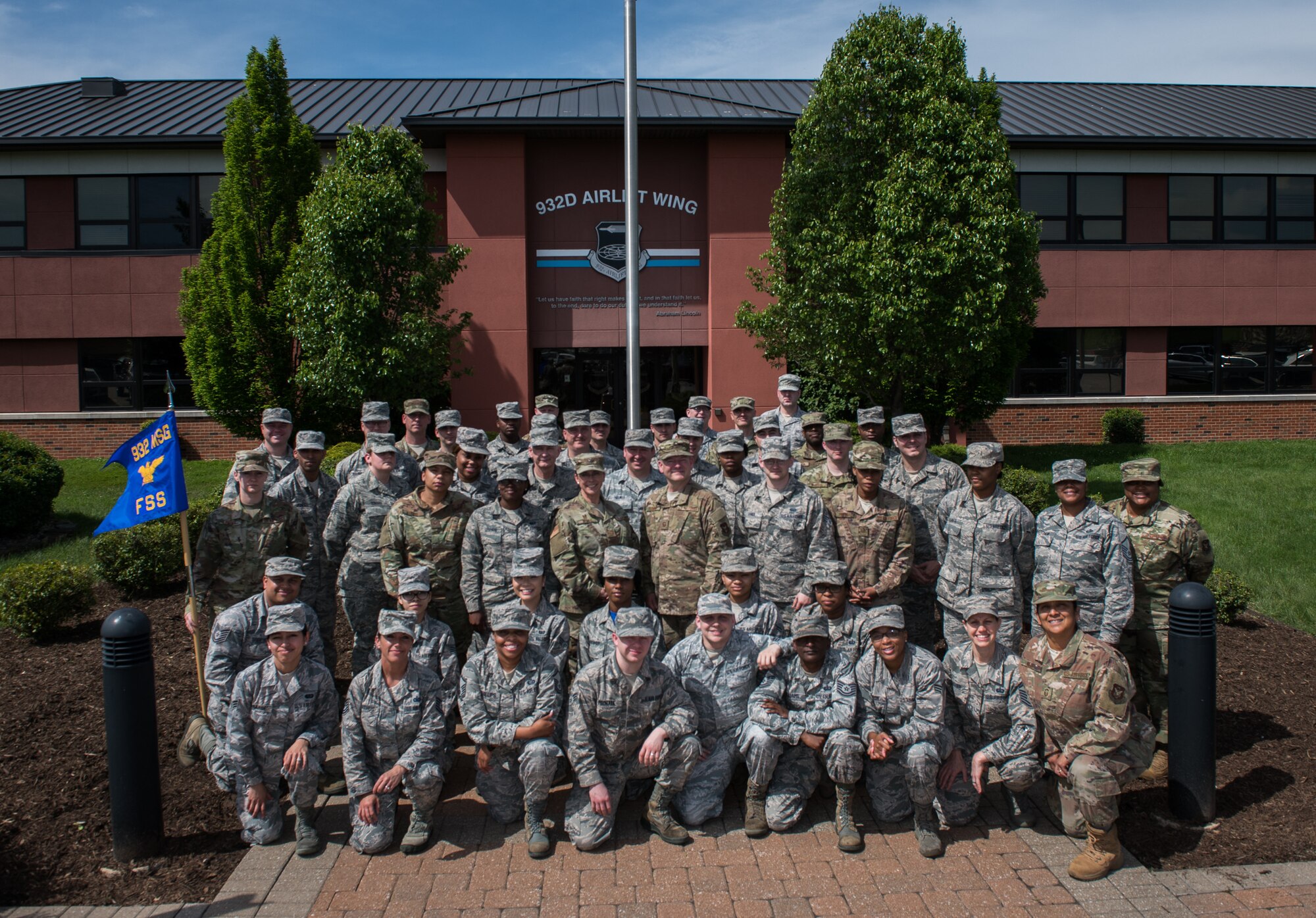 Citizen Airmen in the 932nd Force Support Squadron gather for a squadron photo in front of the 932nd Airlift Wing headquarters building, May 5, 2019, Scott Air Force Base, Illinois. (U.S. Air Force photo by Master Sgt. Christopher Parr)