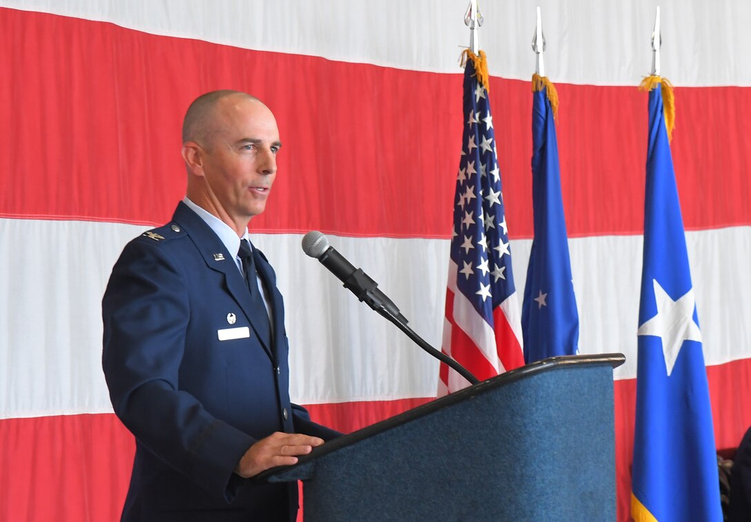 Col. Steven G. Behmer spoke to the Airmen of the 388th Fighter Wing after taking command of the Air Force’s only operational F-35A Lightning II unit. (U.S. Air Force photo by Todd Cromar)