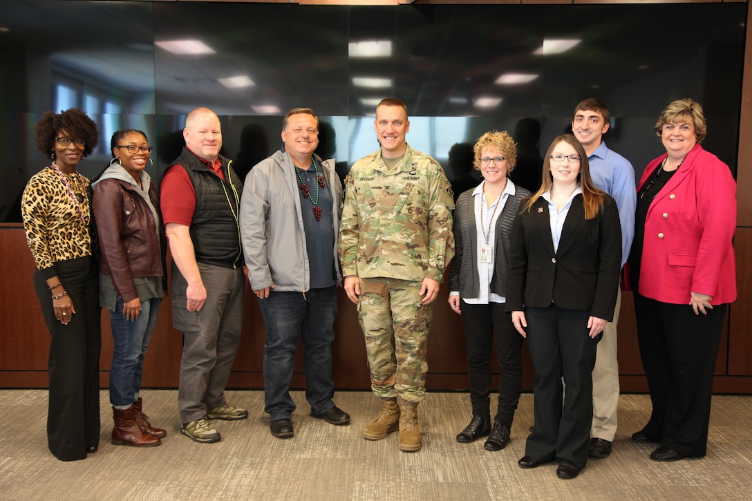 ERDC Commander Col. Ivan P. Beckman, center, welcomes the six selectees for the 2019 six-month session of ERDC University in March in Vicksburg, Miss. Participating in March kickoff activities were, from left to right, ERDC-U Program Manager Cynthia Brown; Civil Engineer Dominique Williams, New Orleans District; Biologist Damian Walter, Walla Walla District; Biologist Chris Solek, Los Angeles District; Project Coordinator Rebekah Lujan, Fort Worth District; Executive Assistant Kathleen Payne, Little Rock District; Civil Engineer Brian Lucarelli, Pittsburg District; and ORTT Technology, Knowledge and Outreach Division Chief Tisa Webb. Corps’ division and district selectees partner with ERDC subject matter experts to apply and implement technical solutions.