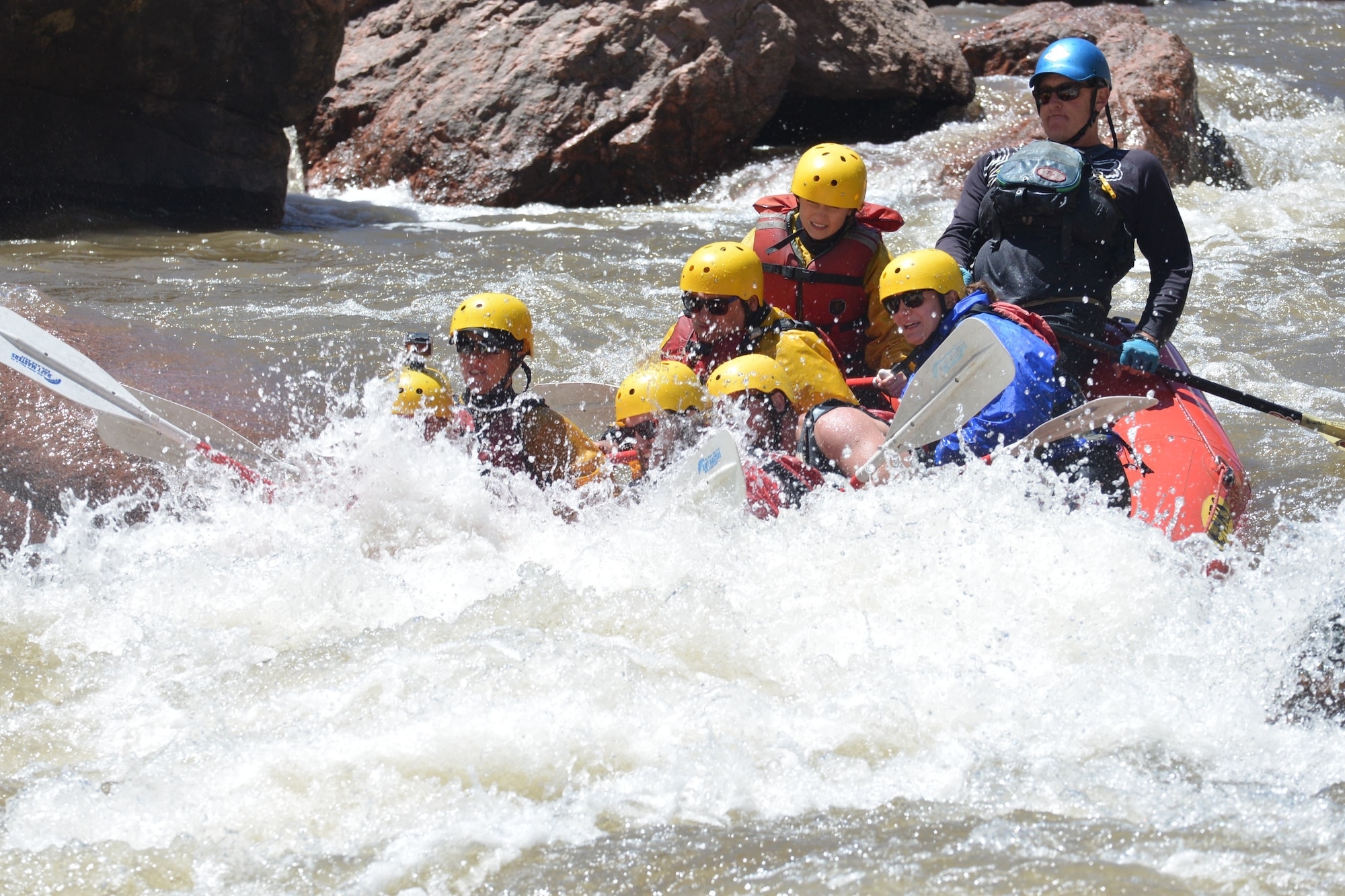 Members of Team Schriever participate in a white water rafting trip at the Royal Gorge, Colorado, May 25, 2019. The 50th Force Support Squadron outdoor recreation program orchestrated the trip. To learn more about upcoming events, contact outdoor recreation at 567-2015. (U.S. Air Force courtesy photo)