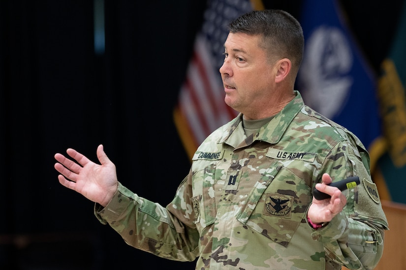 U.S. Army Capt. Geoffrey Cummings, Company Leader Development Course, explains leadership concepts to students at Fort McCoy, Wisconsin, June 20, 2019. CLDC teaches officers and noncommissioned officers leadership fundamentals and gives them tools to maximize training and effectiveness.