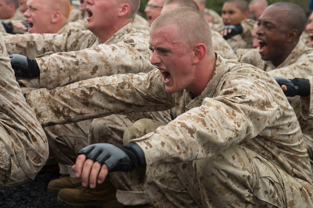 Marines wearing fingerless gloves yell while doing warmup exercises.